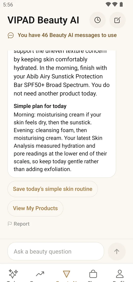 VIPAD Beauty AI suggesting a simple plan from owned products