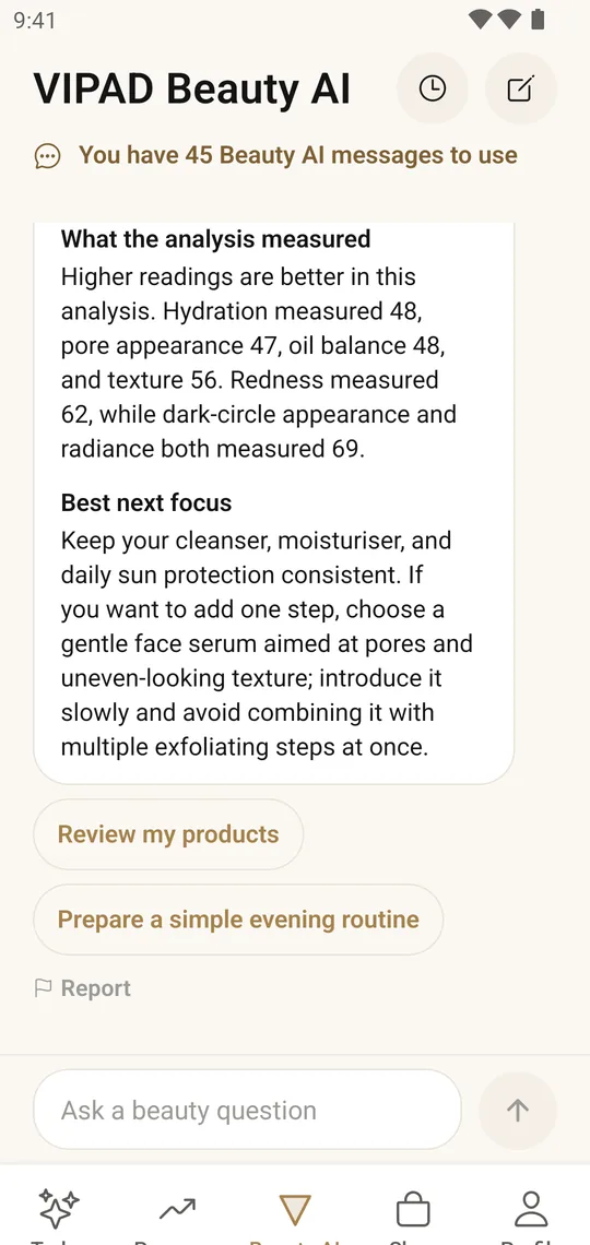 VIPAD Beauty AI explaining a Skin Analysis result