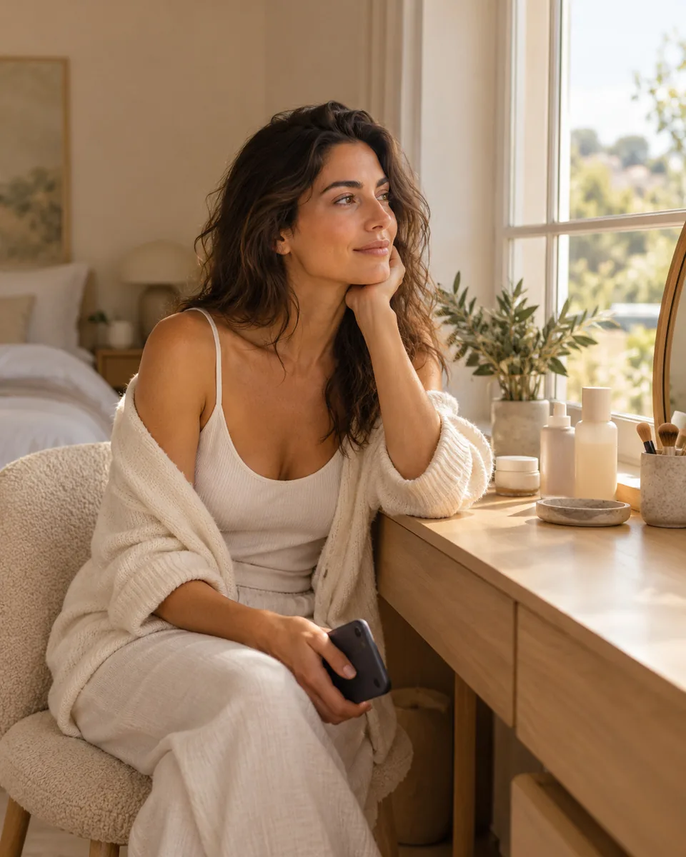 A woman at a bright vanity table thinking about her skincare