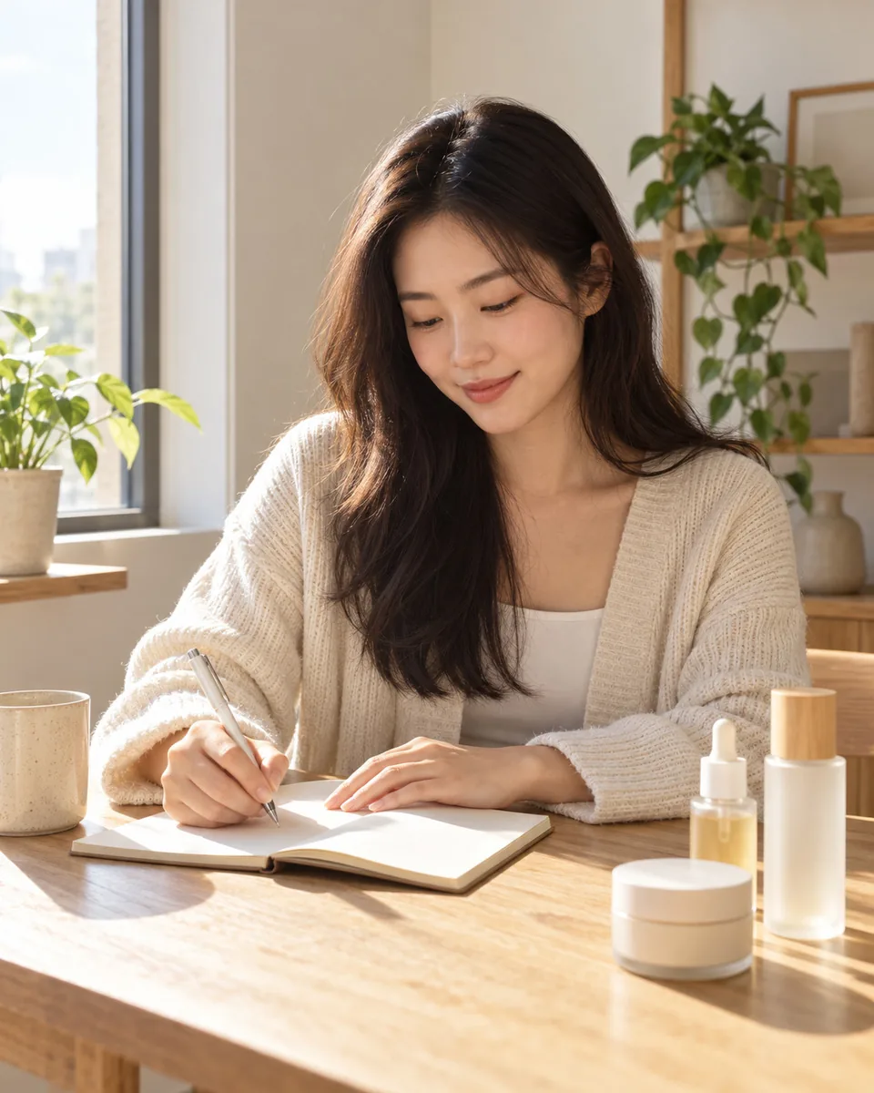 A woman writing in a notebook beside a few skincare products