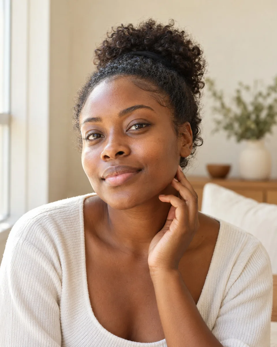 A woman with bare skin looking into soft daylight by a window