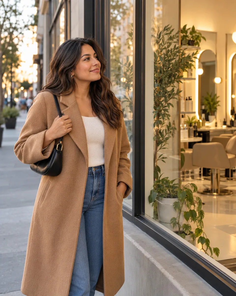 A woman walking past a bright beauty salon window on a city street