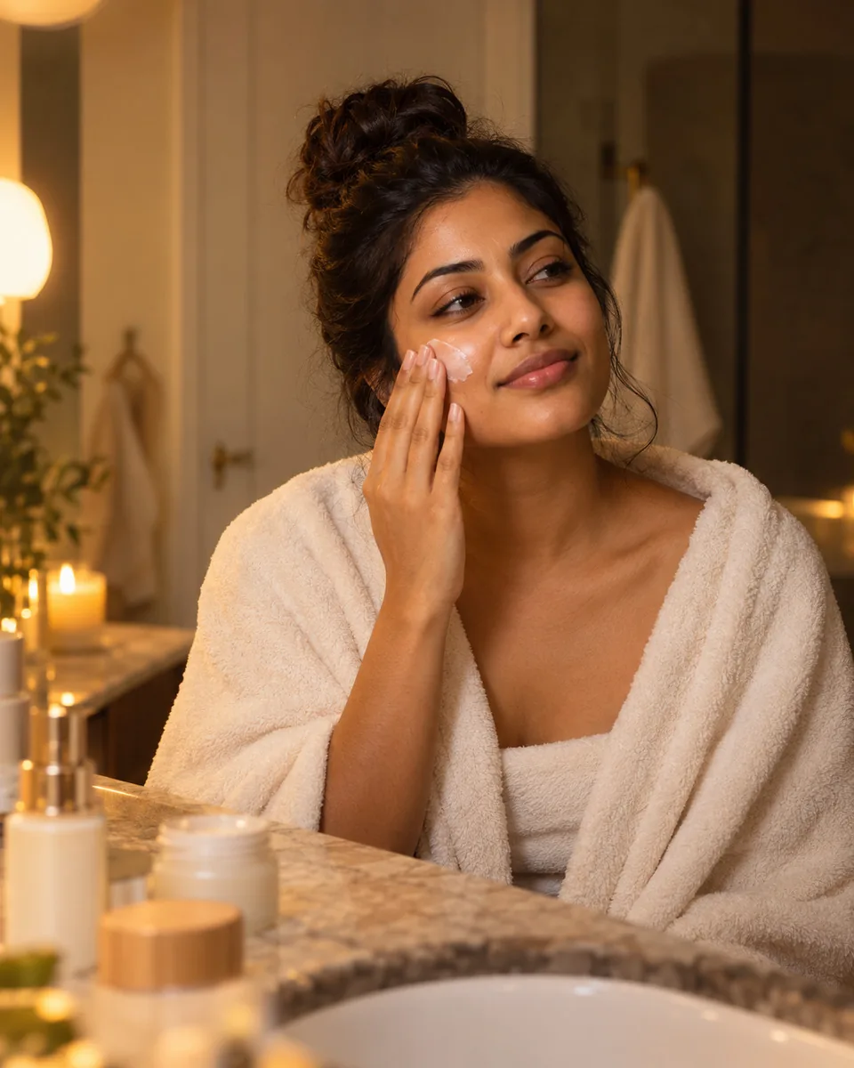 A woman applying moisturizer in a bright bathroom in the evening