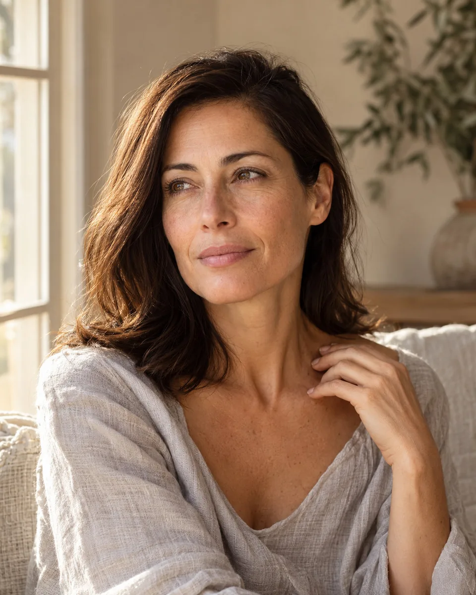 A thoughtful woman with bare skin in warm side light