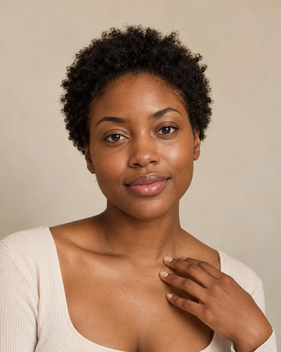 A woman with her hair pulled back looking calmly at the camera