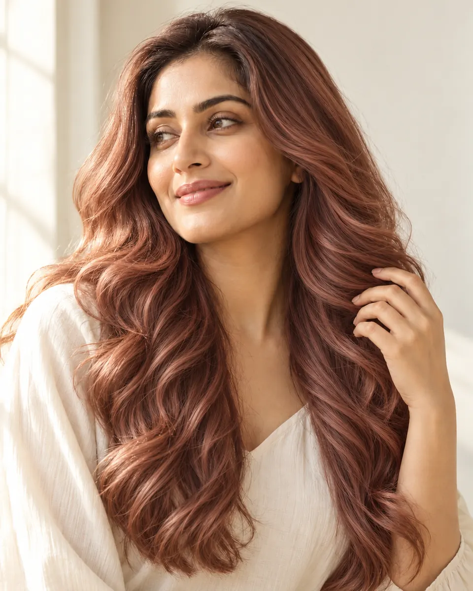 A woman with long rose gold waves
