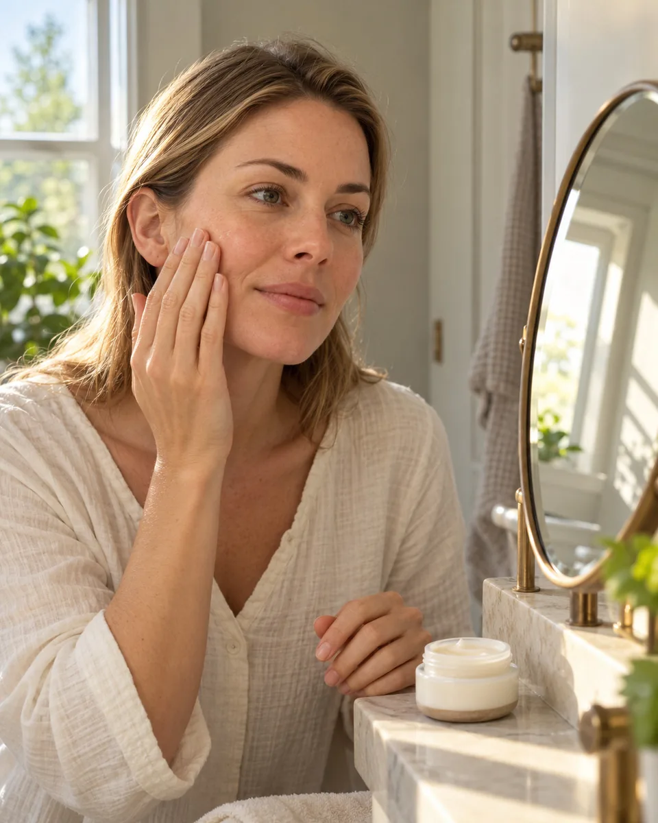 A woman looking closely at her skin in a bathroom mirror in daylight