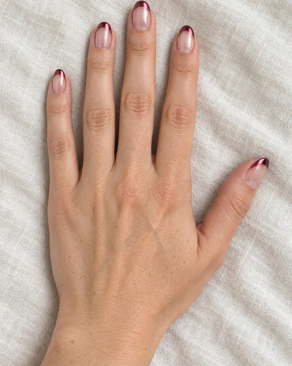 A hand with burgundy nails on linen