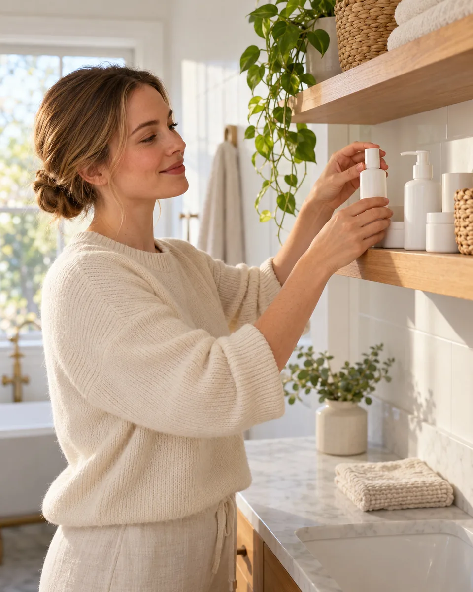 A woman arranging skincare products on a tidy bathroom shelf