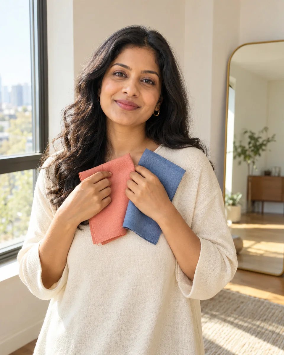 A woman holding soft fabric swatches near her face in daylight