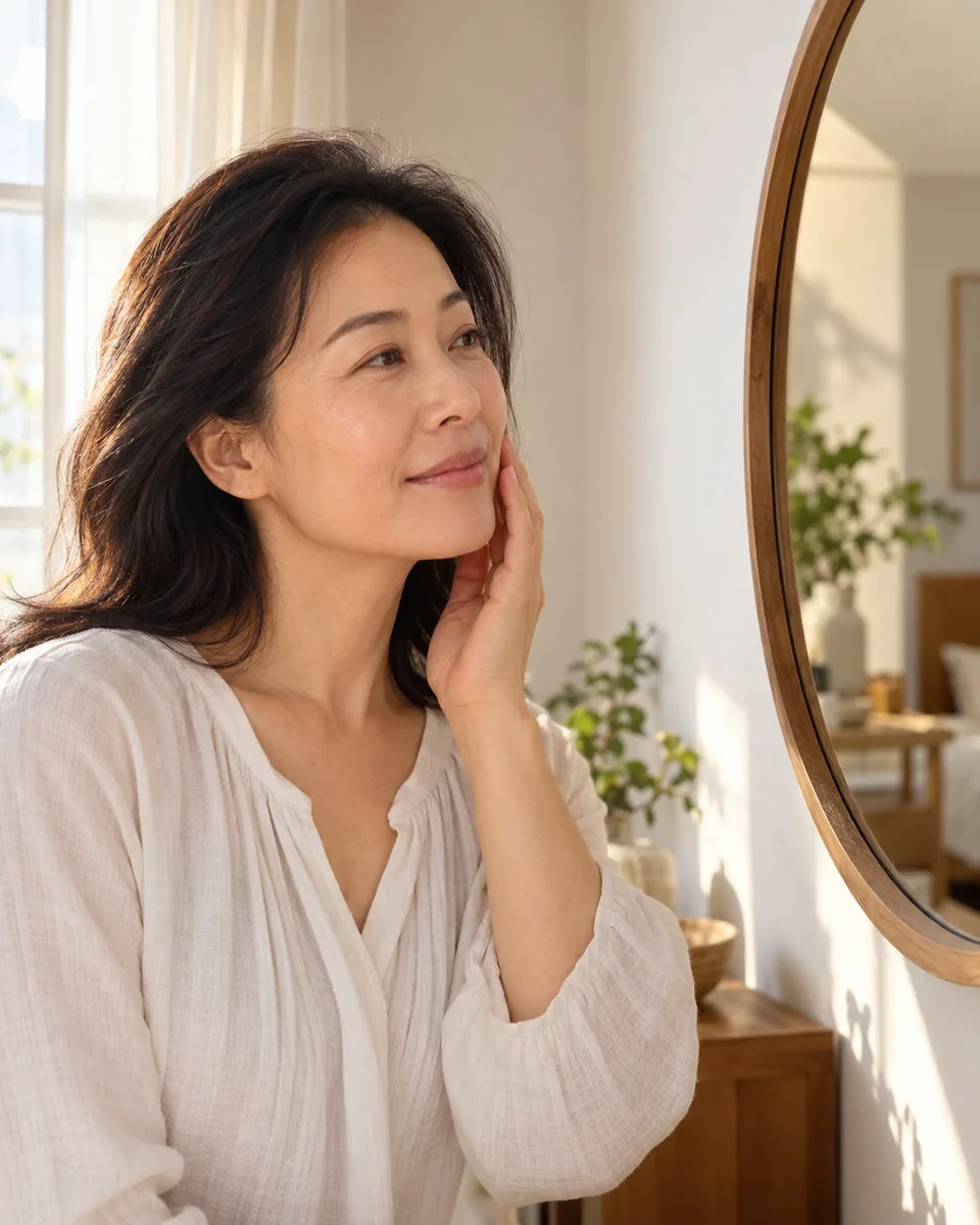 A woman checking her skin in a mirror in soft morning light