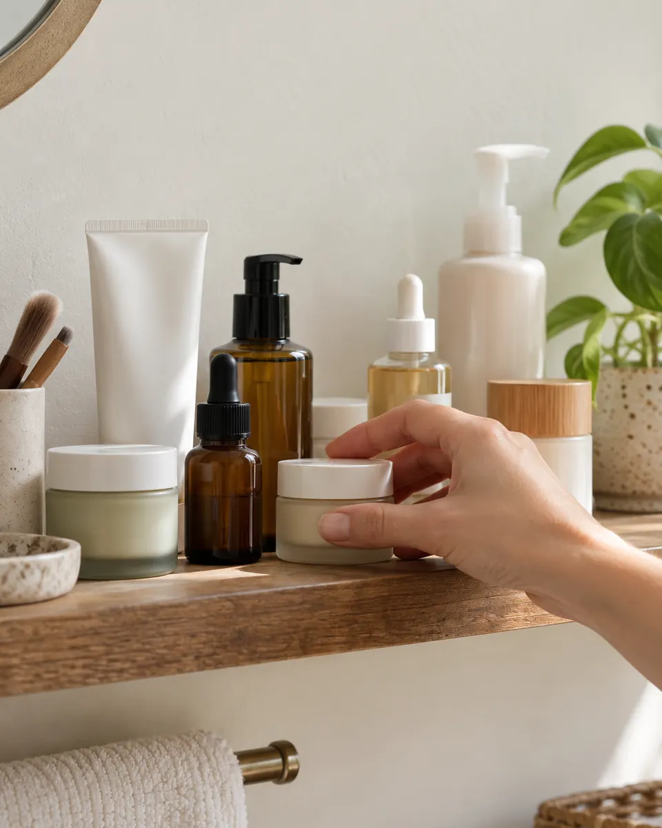 A hand reaching for a jar on a bathroom shelf of skincare