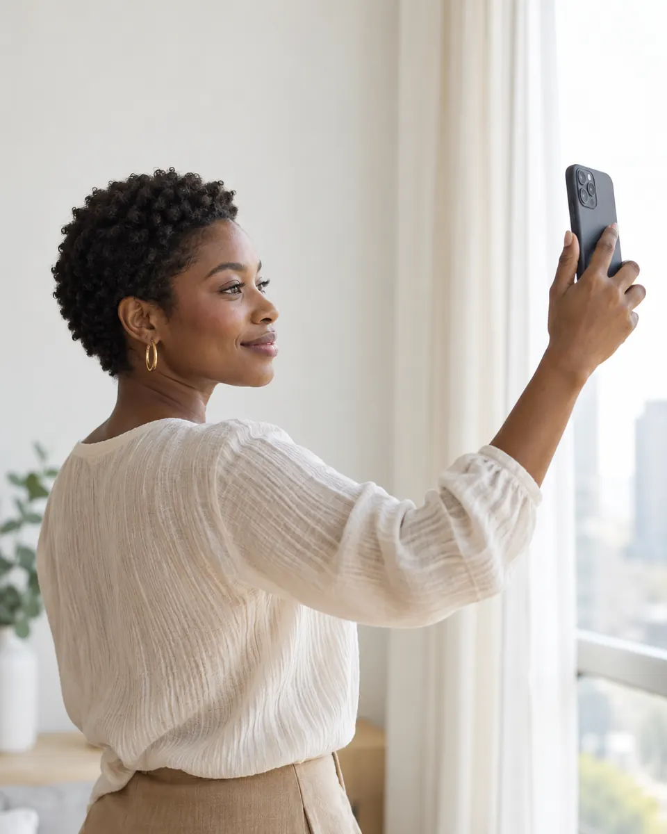 A woman taking a selfie in soft window light