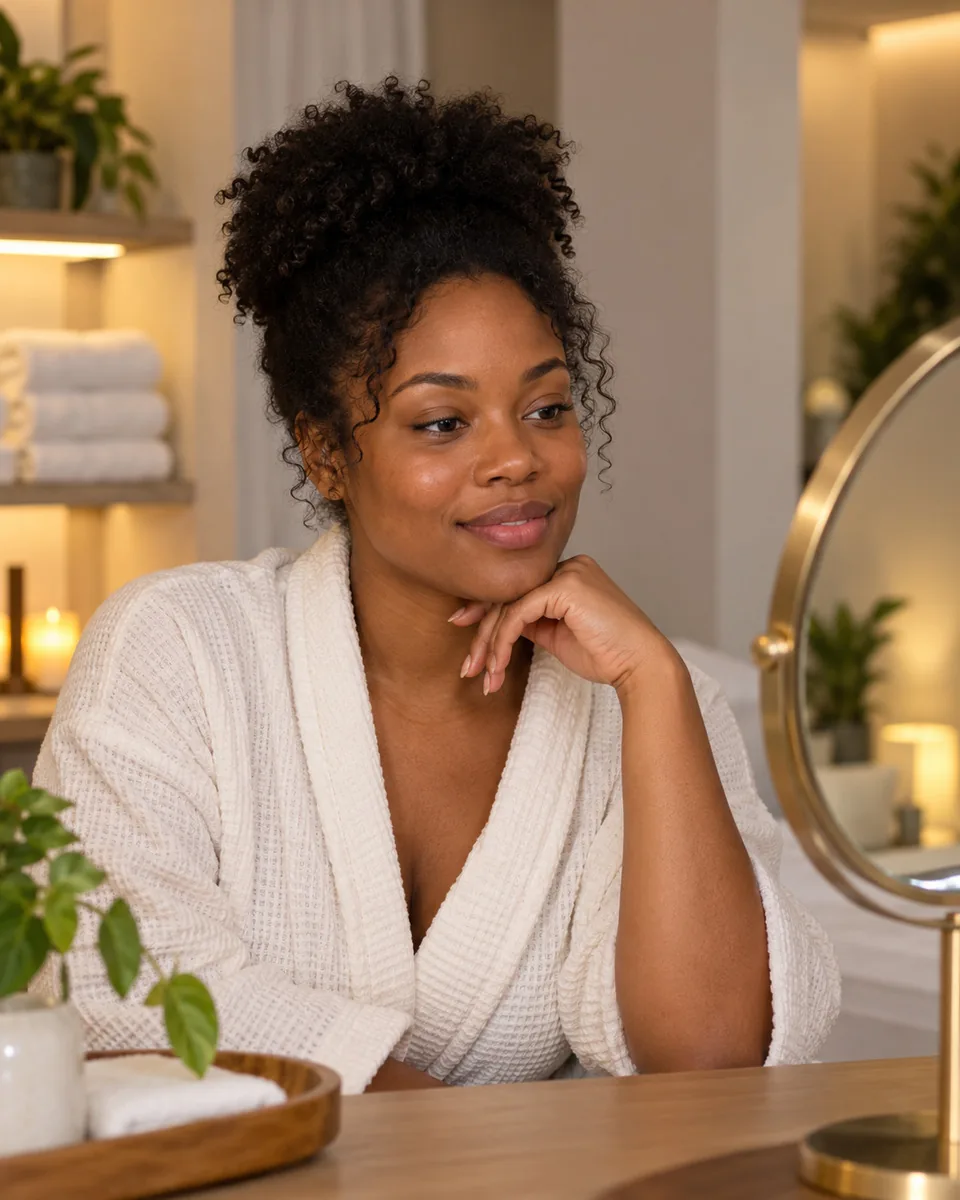 A woman with calm, natural skin resting her chin on her hand