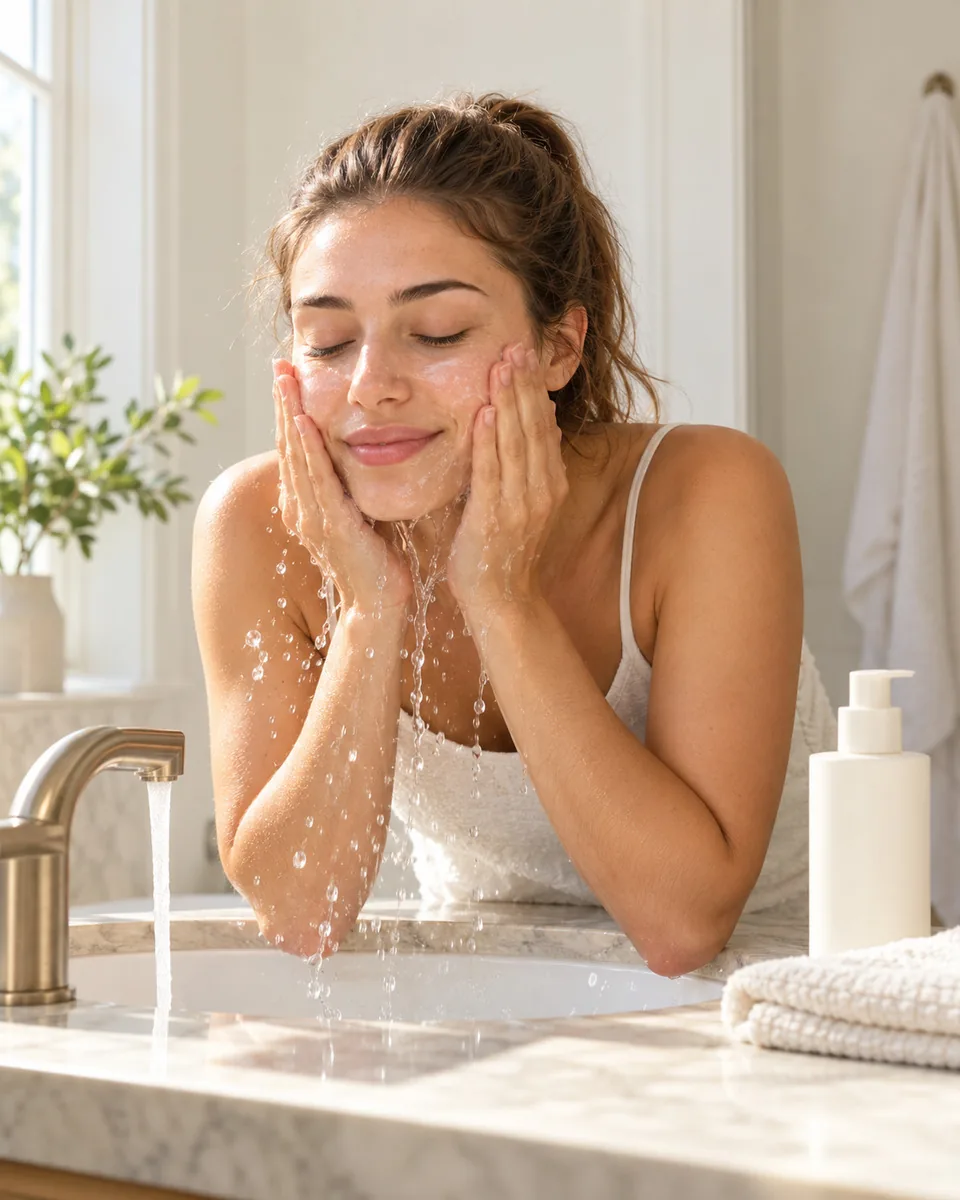 A young woman washing her face at a bathroom sink in morning light