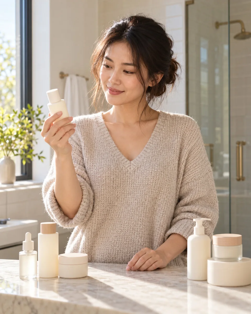 A woman sorting skincare bottles on a bathroom counter