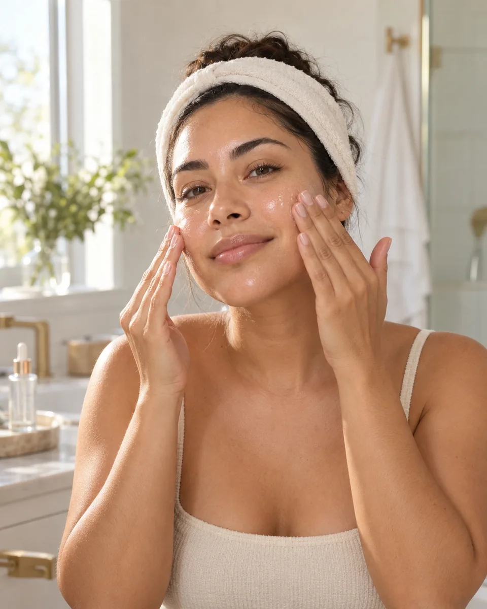 A woman pressing a hydrating serum into her skin with her fingertips