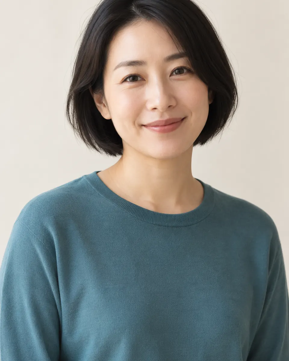 A smiling woman in a teal sweater in natural light