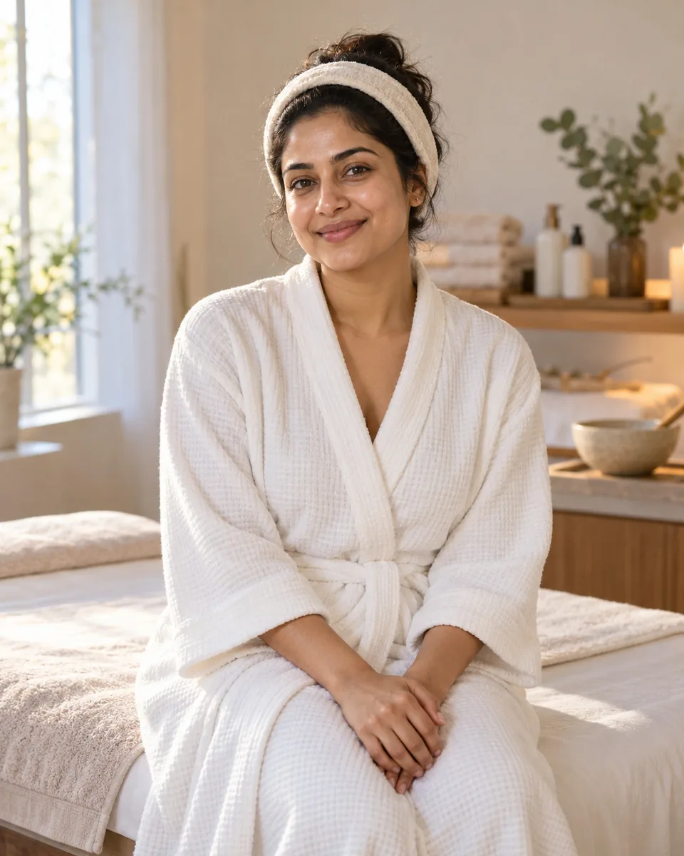 A woman relaxing with a fresh, clean face after a facial