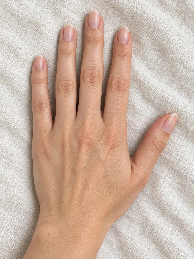 A hand with bare natural nails on linen