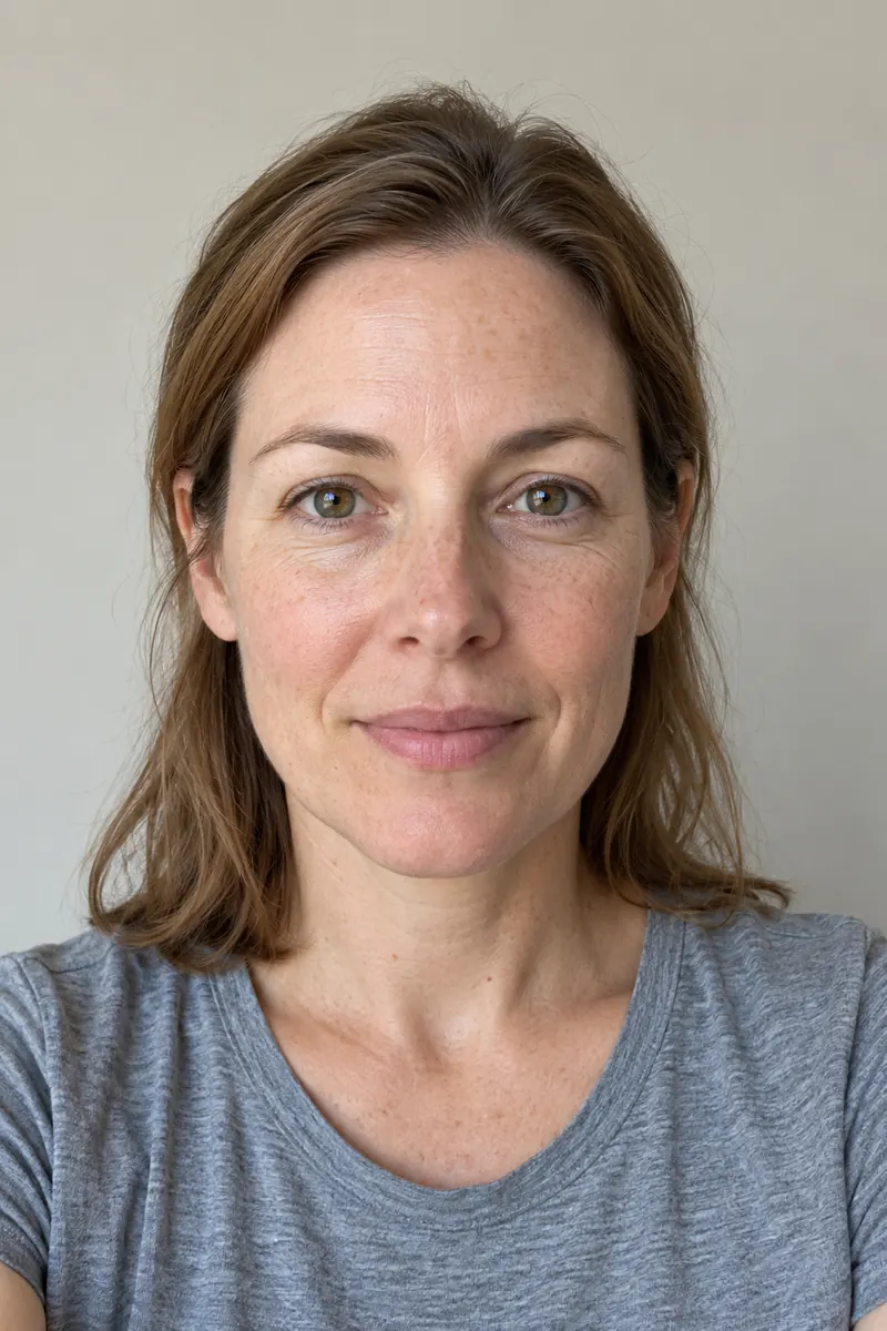 A woman taking a front facing selfie in even light