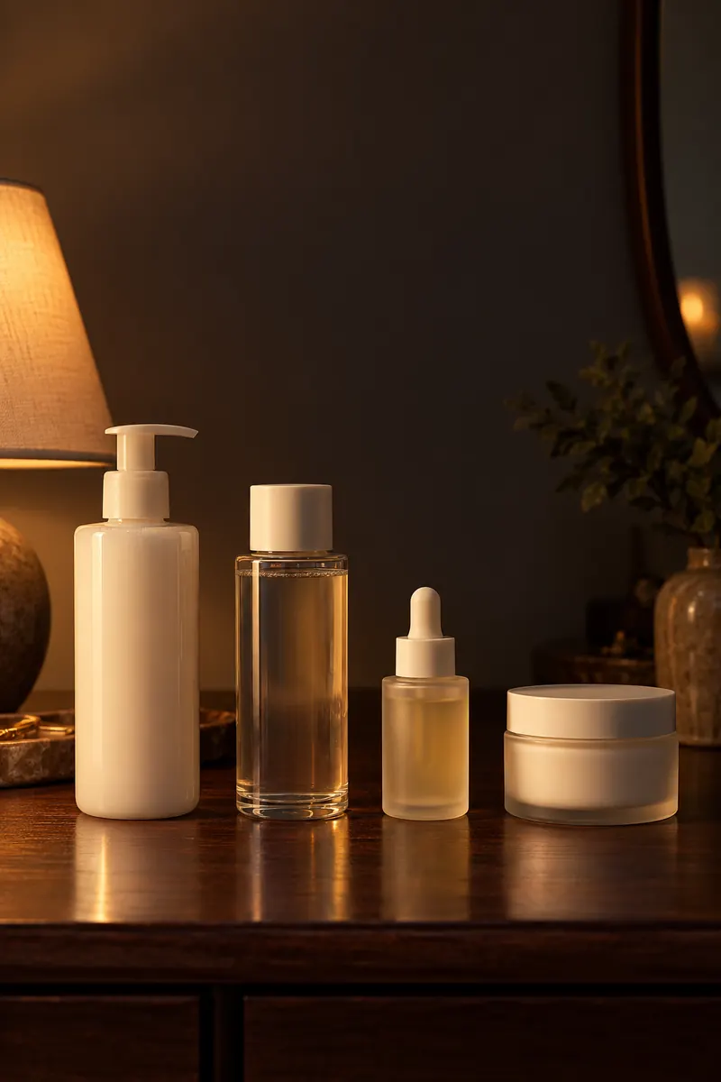 A short row of skincare products on a dresser in evening light