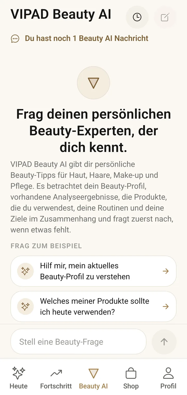 Der Startbildschirm von VIPAD Beauty AI mit vorgeschlagenen Fragen