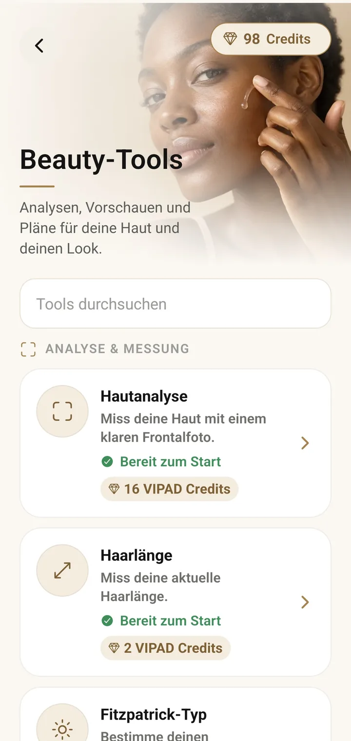 Die Liste der Beauty-Tools in VIPAD