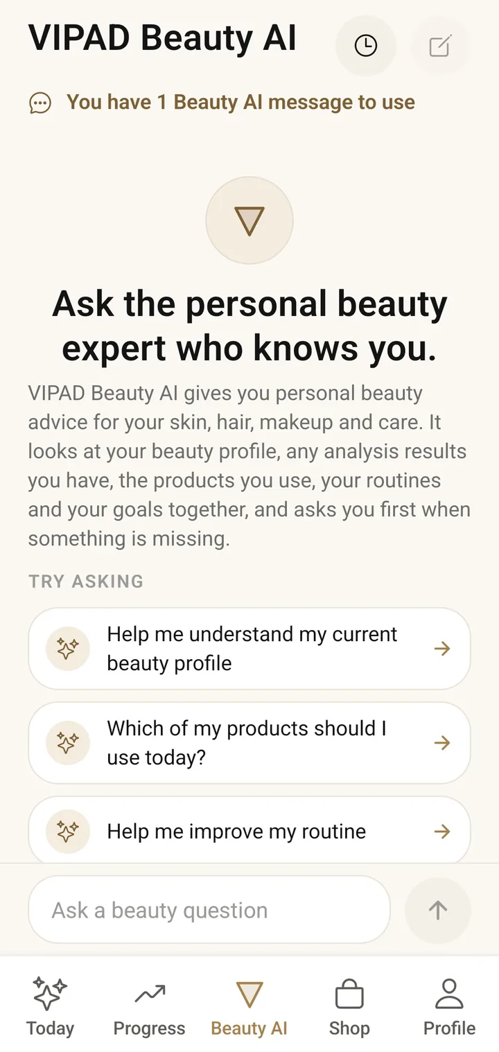 The VIPAD Beauty AI start screen with suggested questions