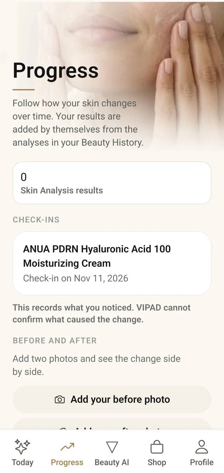 The VIPAD Progress screen with Skin Analysis results and check ins