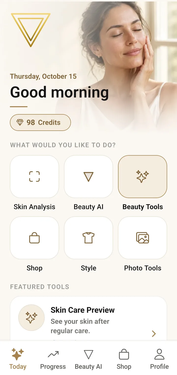 The VIPAD Today screen with tiles for Skin Analysis, Beauty AI, Beauty Tools, Shop, Style and Photo Tools