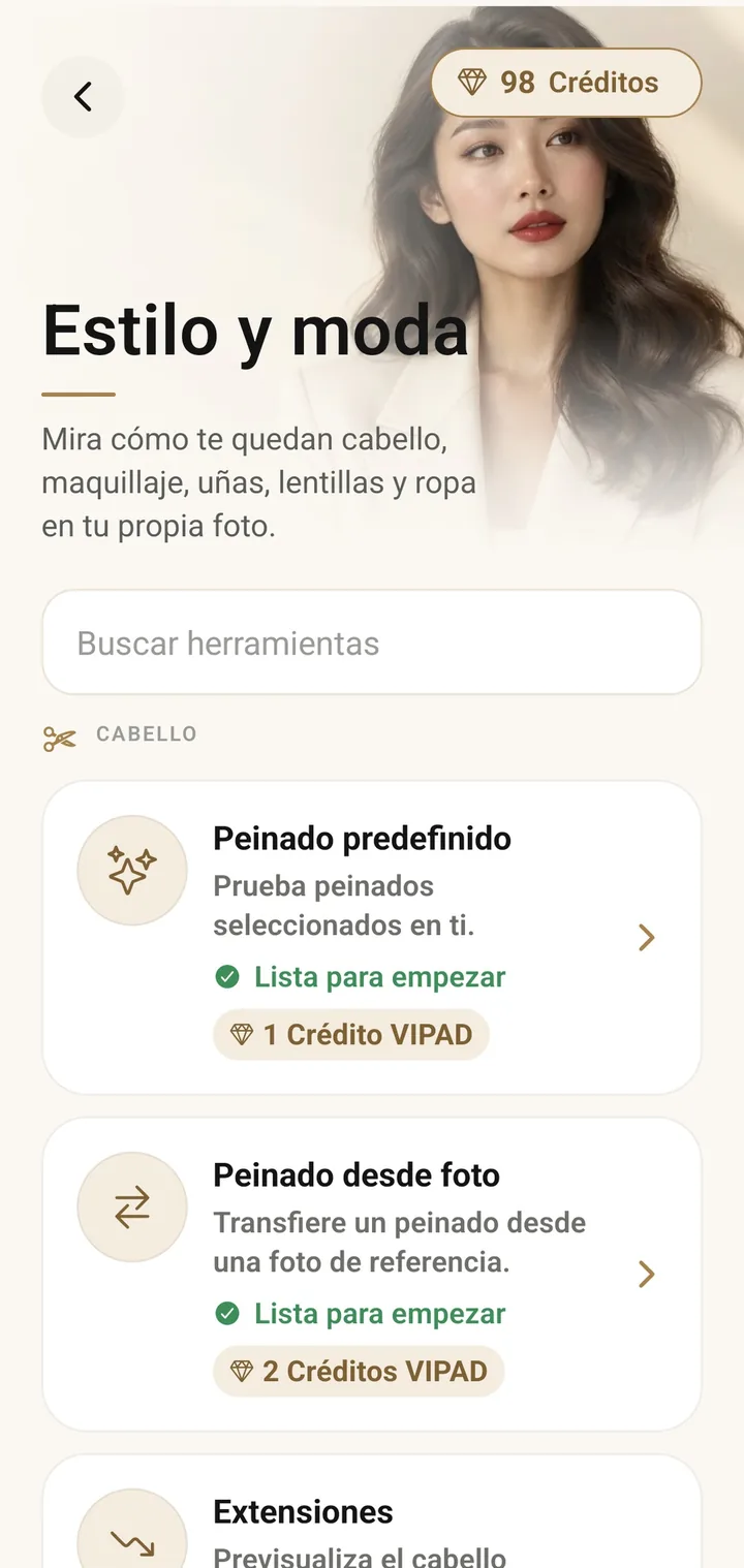 Las herramientas de Estilo y moda de VIPAD con Peinado predefinido, Peinado desde foto y Extensiones