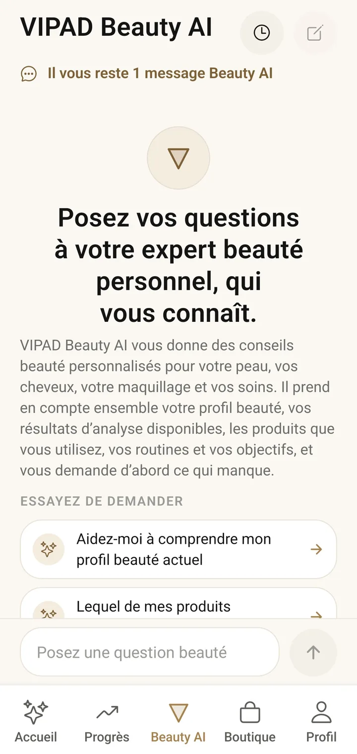 L’écran d’accueil de VIPAD Beauty AI avec des questions suggérées