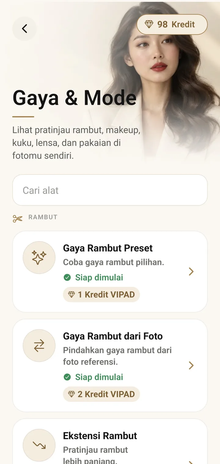 Alat Gaya di VIPAD dengan Gaya Rambut Preset, Gaya Rambut dari Foto dan Ekstensi Rambut