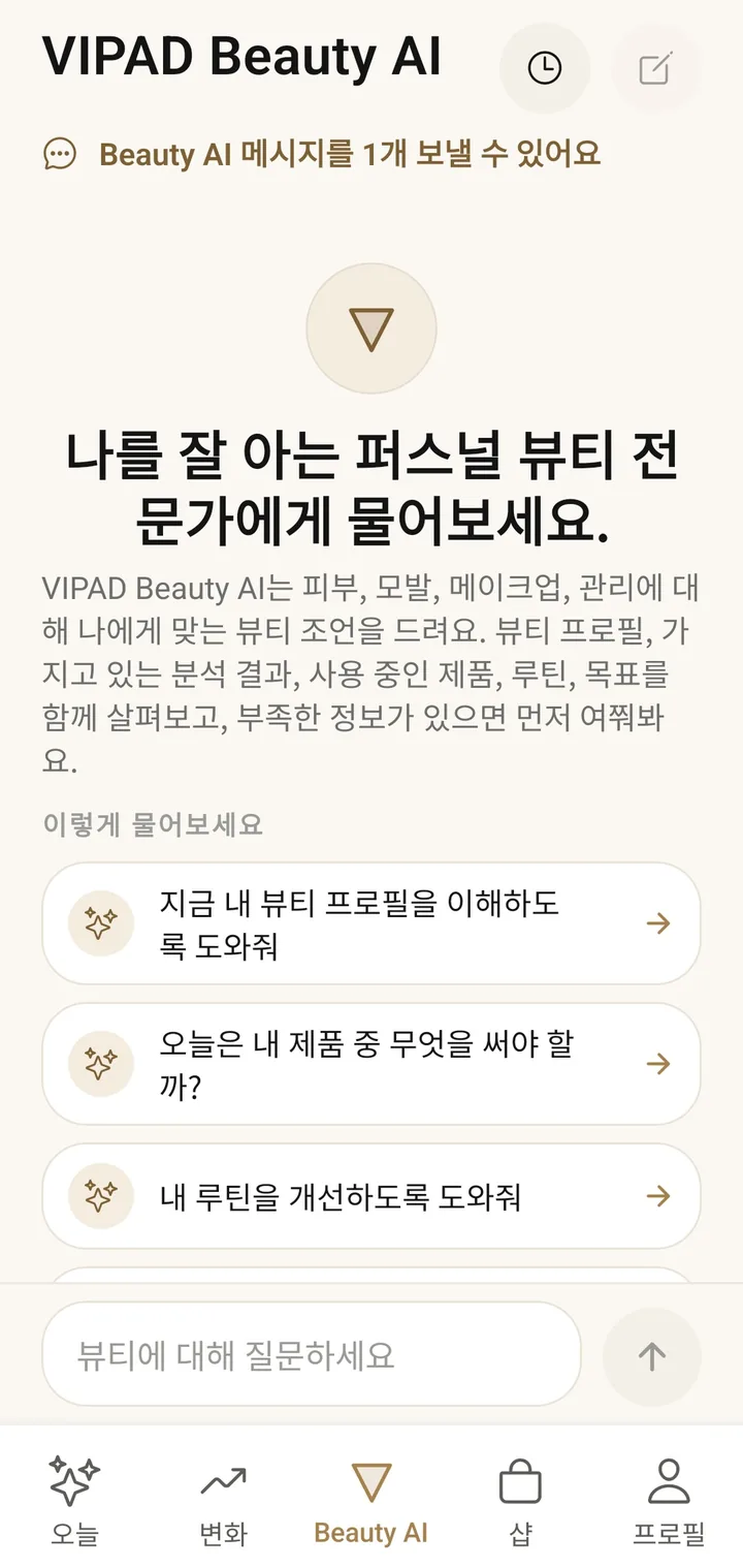 추천 질문이 보이는 VIPAD Beauty AI 시작 화면