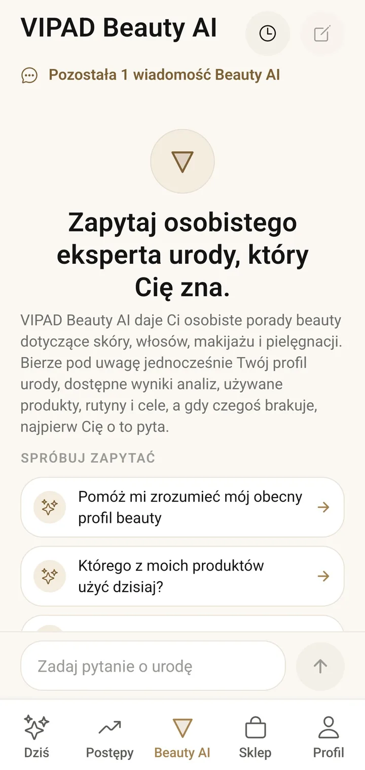 Ekran startowy Beauty AI w VIPAD z proponowanymi pytaniami