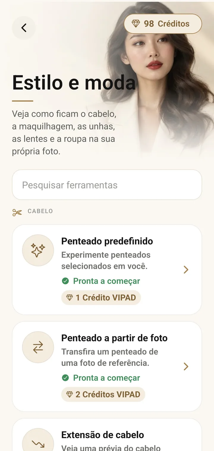 As ferramentas de Estilo do VIPAD com Penteado predefinido, Penteado a partir de foto e Extensão de cabelo