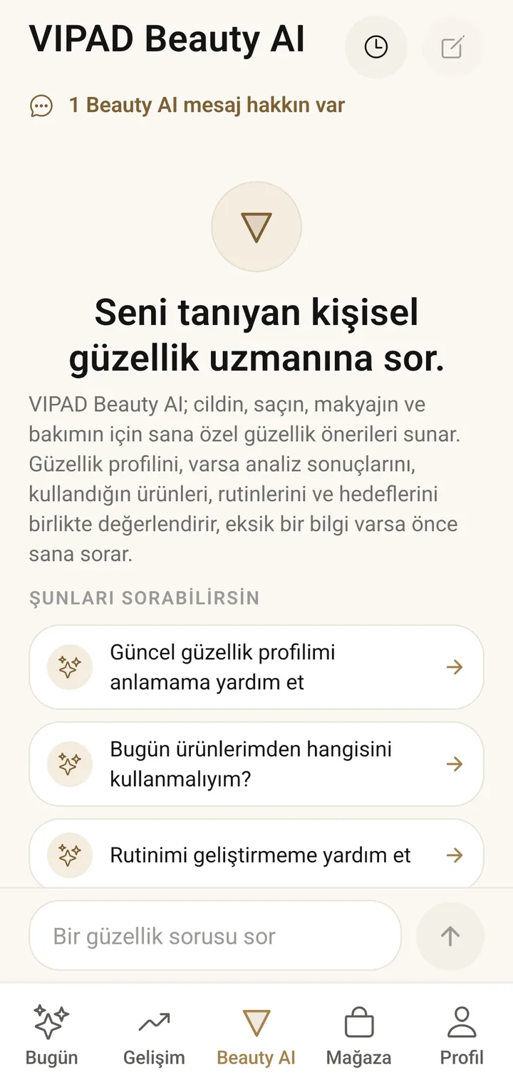Önerilen sorularla VIPAD Beauty AI başlangıç ekranı
