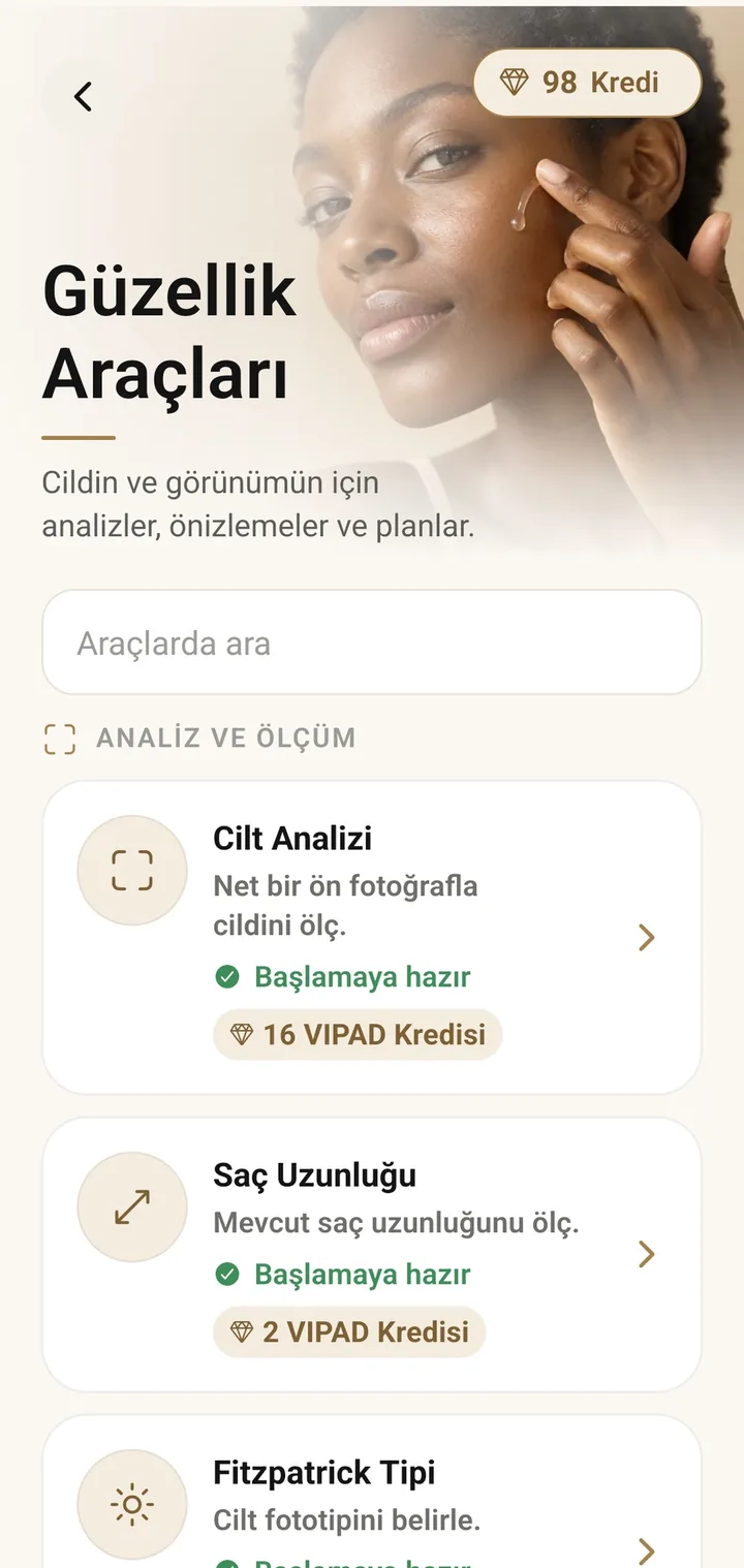 VIPAD'deki Güzellik Araçları listesi