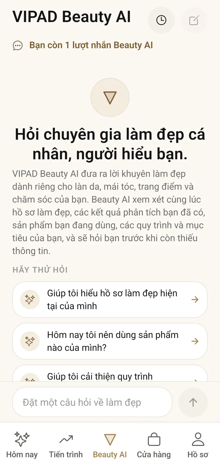 Màn hình bắt đầu của Beauty AI trong VIPAD với các câu hỏi gợi ý