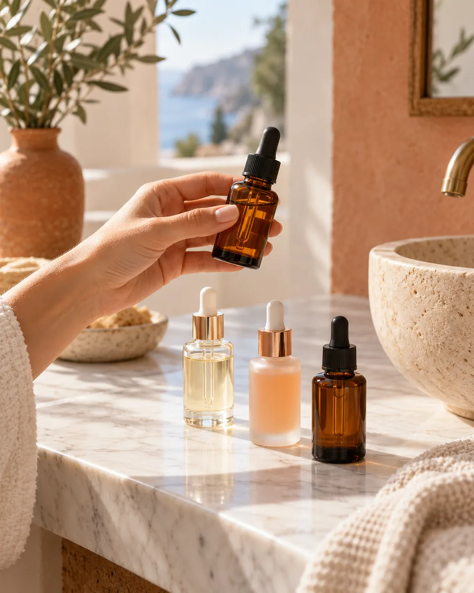 Una mujer sostiene un frasco cuentagotas de sérum facial junto a otros sérums en un lavabo de mármol