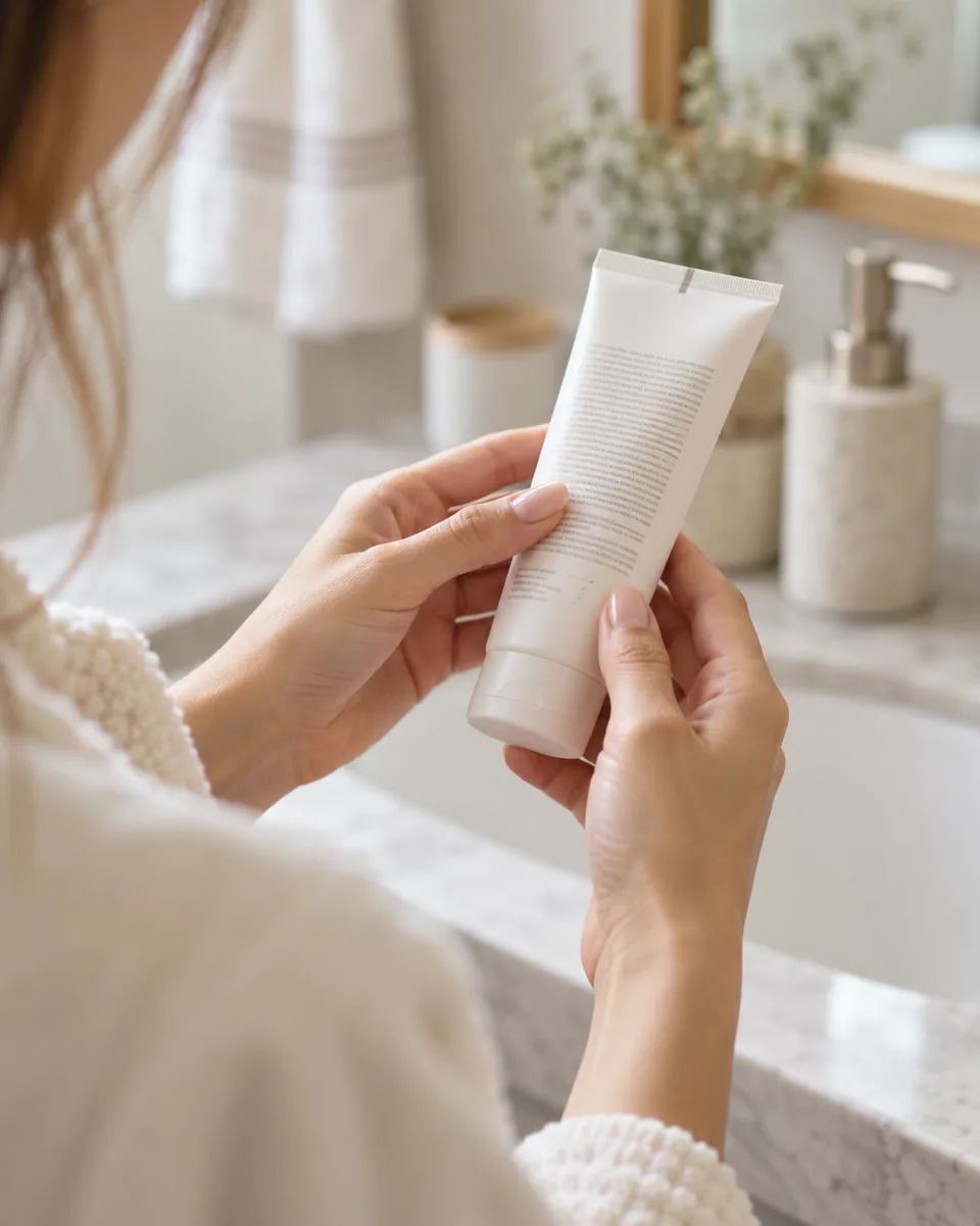 A woman reading the ingredient list on the back of a white skincare tube
