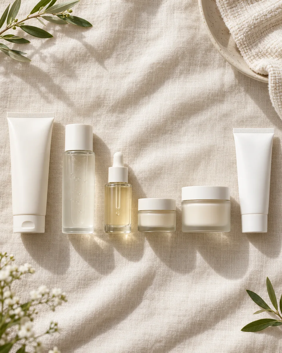 Six skincare products lined up in application order on a cream linen surface