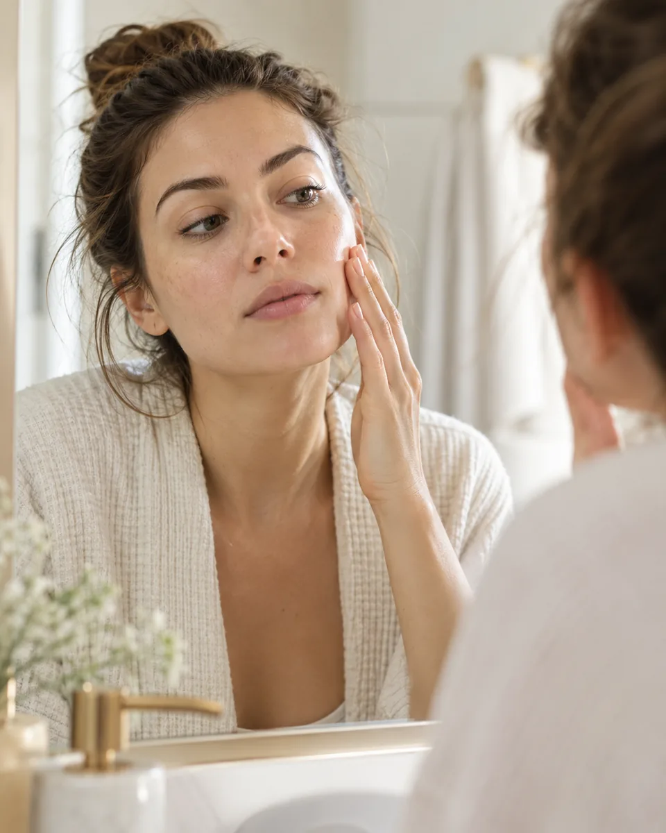 A woman looking closely at her bare skin in a bathroom mirror